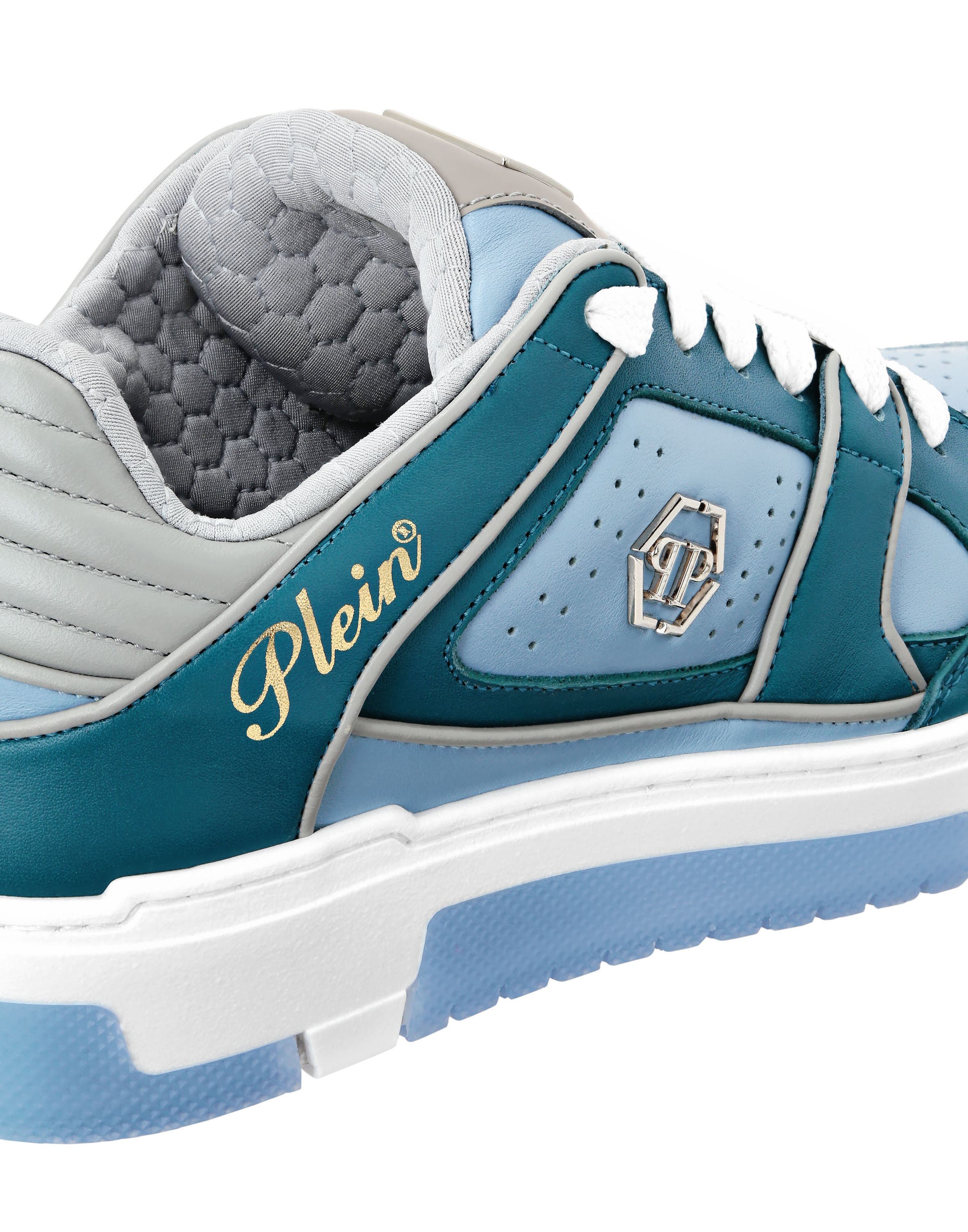 Mix Leather Lo-Top Sneakers Hexagon Logo Unisex, Alternate, color, light blue/grey