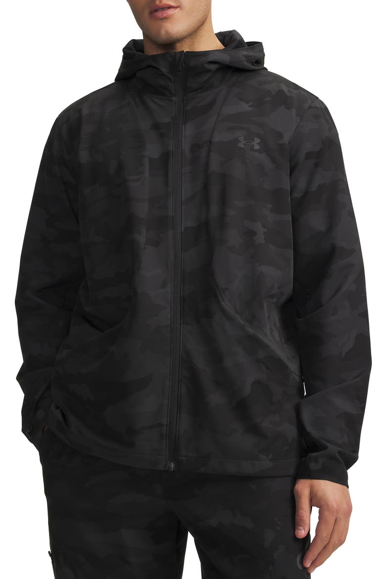 UA Unstoppable Printed Woven Full Zip Hoodie, Main, color, BLACK