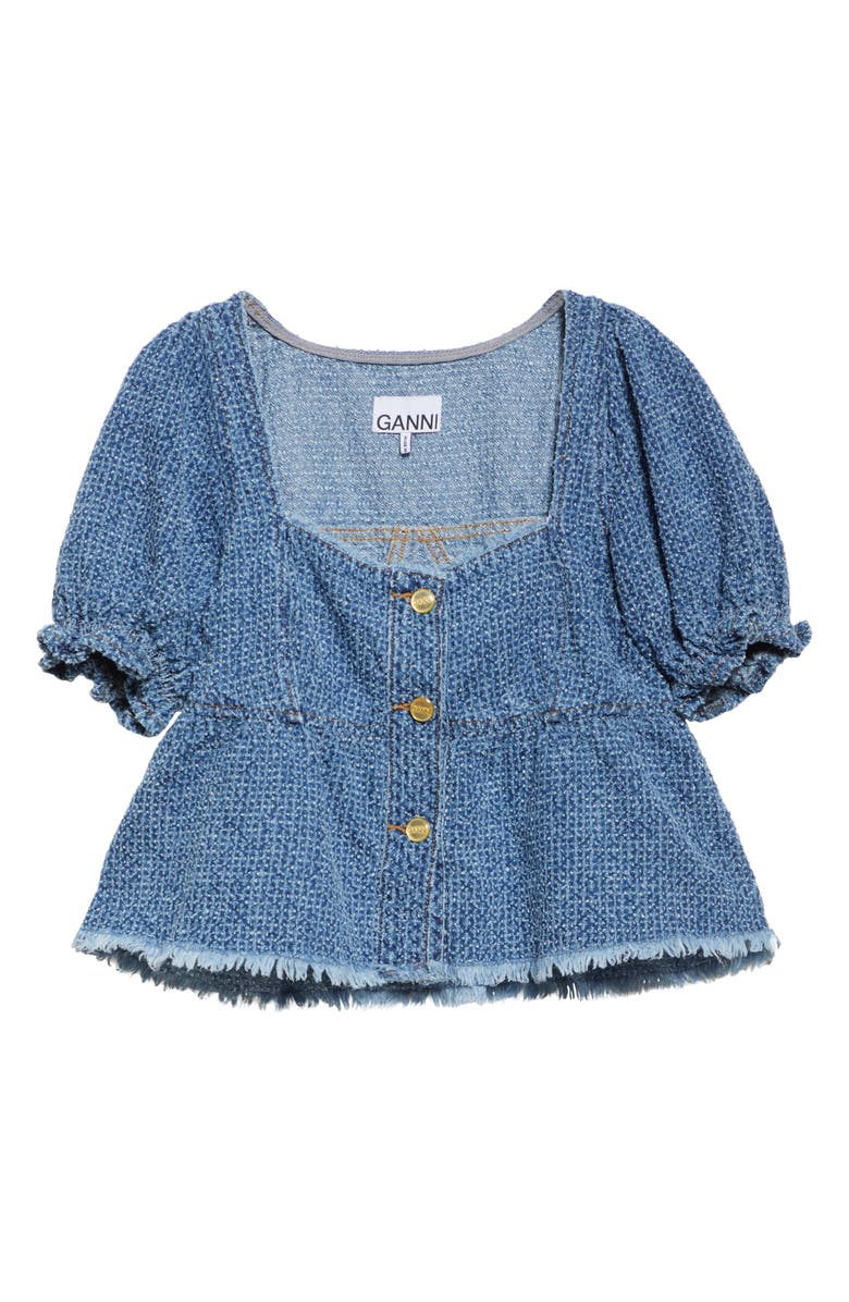 Ganni Fluffy Metallic Denim Top, Alternate, color, Mid Blue Stone