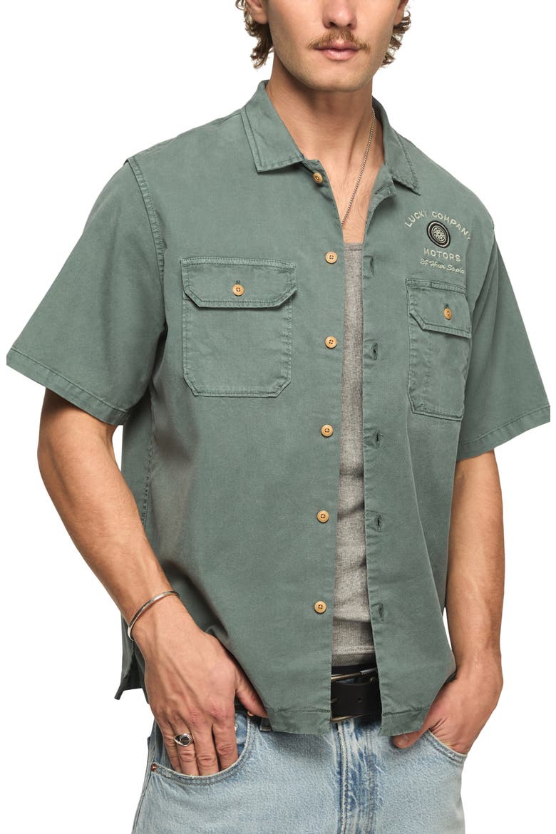 Panther Moto Short Sleeve Button-Up Shirt, Main, color, NORTH ATLANTIC