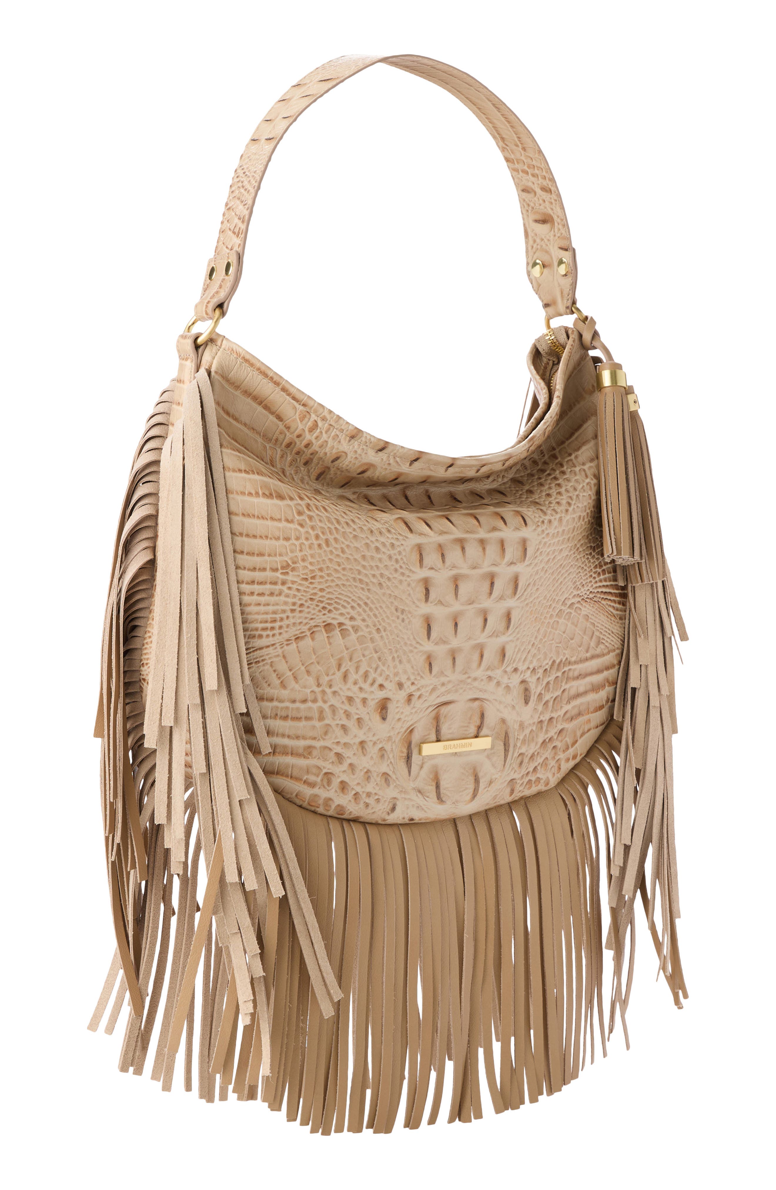 Brahmin Small Kathleen Fringe Croc Embossed Leather Shoulder Bag, Alternate, color, Sandstorm