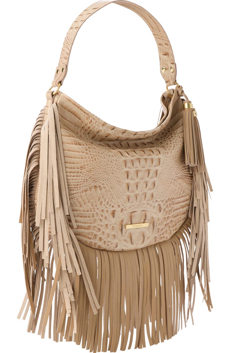 Brahmin Small Kathleen Fringe Croc Embossed Leather Shoulder Bag, Alternate, color, Sandstorm