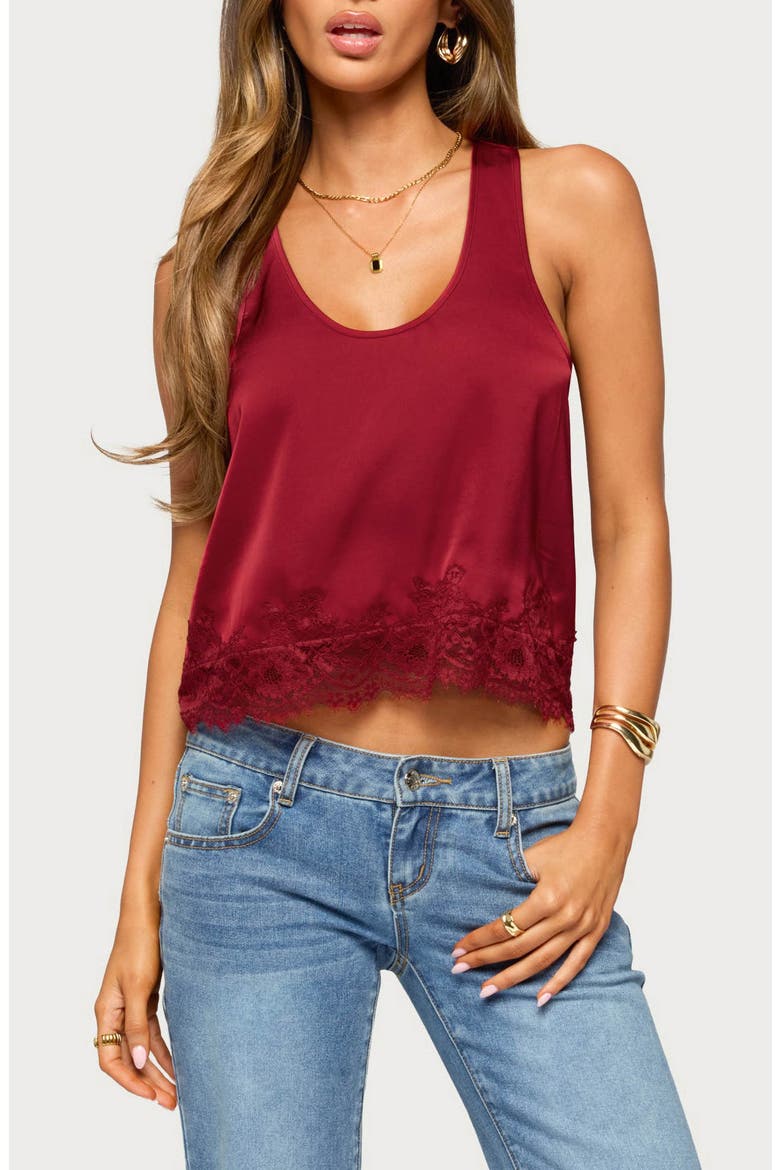 Onie Lace Trim Satin Tank, Main, color, BURGUNDY