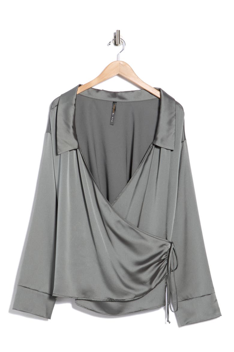 Faux Wrap Satin Top, Alternate, color, OLIVE