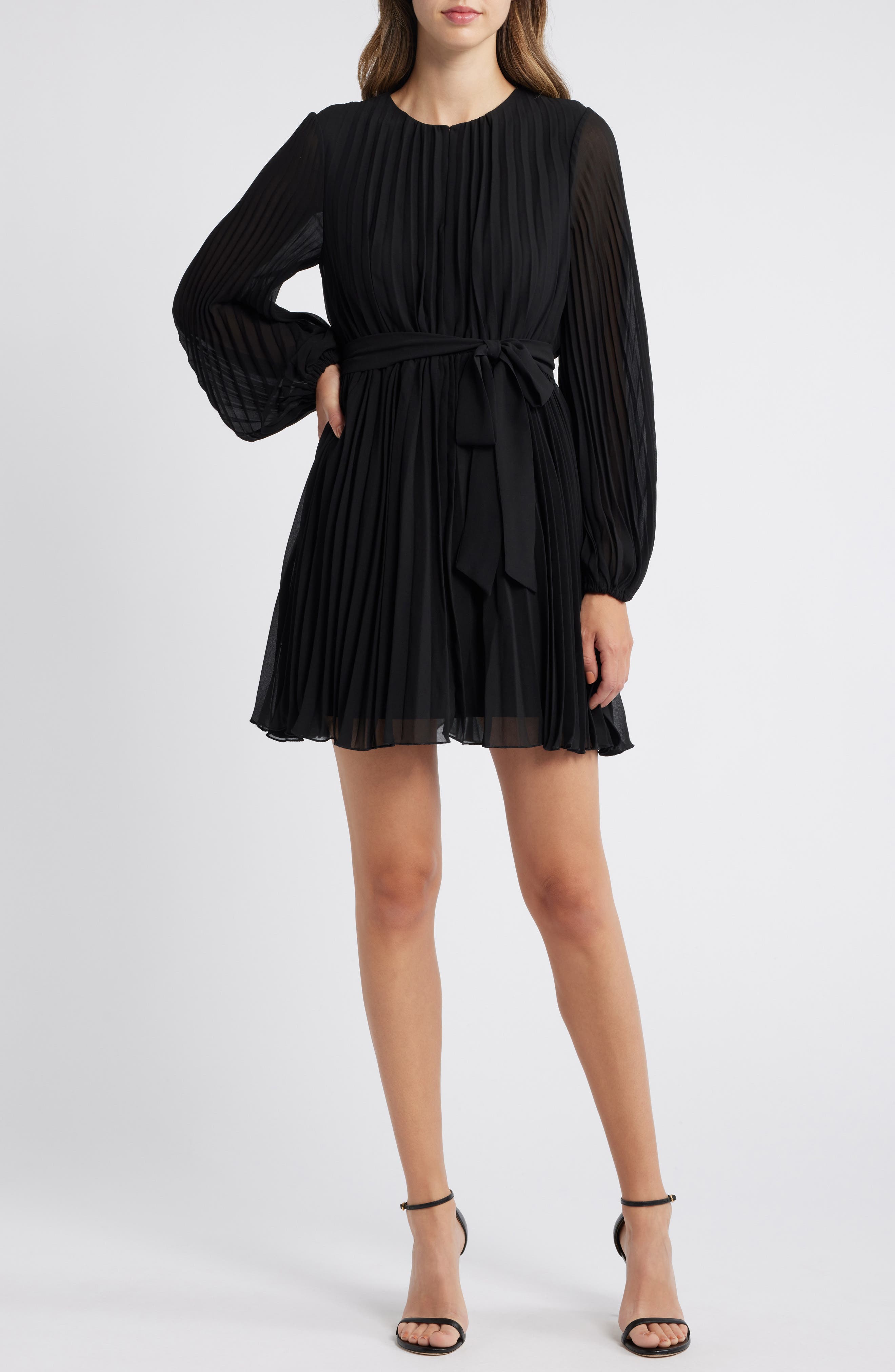 Tie Belt Long Sleeve Plisse Minidress