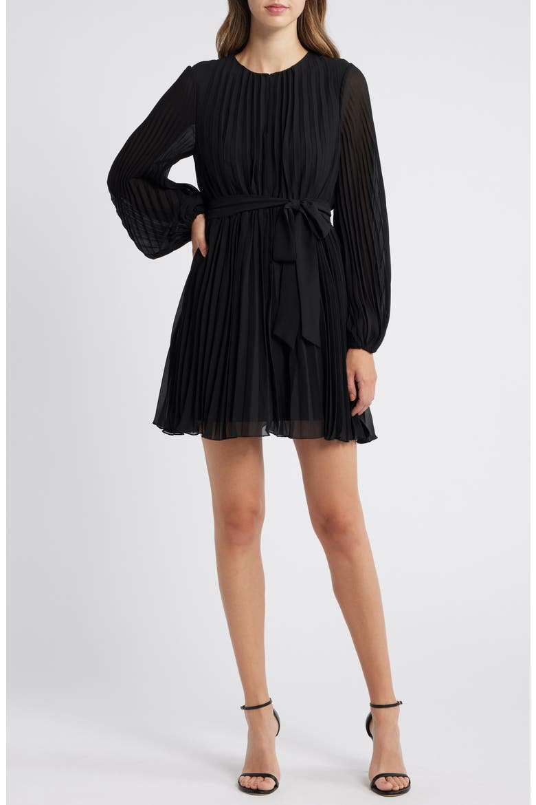 Tie Belt Long Sleeve Plissé Minidress, Main, color, BLACK