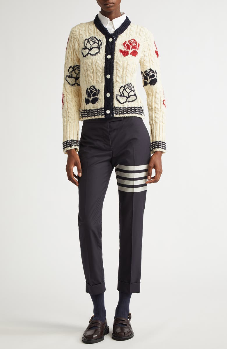 Thom Browne Rose Intarsia Cable Knit Wool & Mohair Cardigan, Alternate, color,