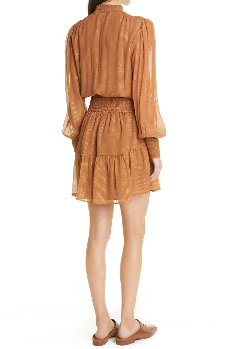 Silvie Smocked Long Sleeve Silk Blend Dress, Alternate, color, BUTTERSCOTCH