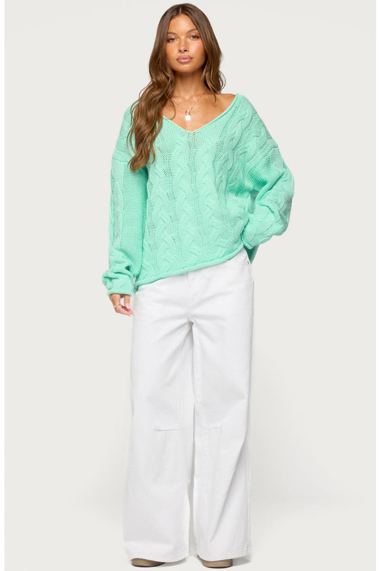Inga Oversize V-Neck Cable Sweater, Alternate, color, AQUA