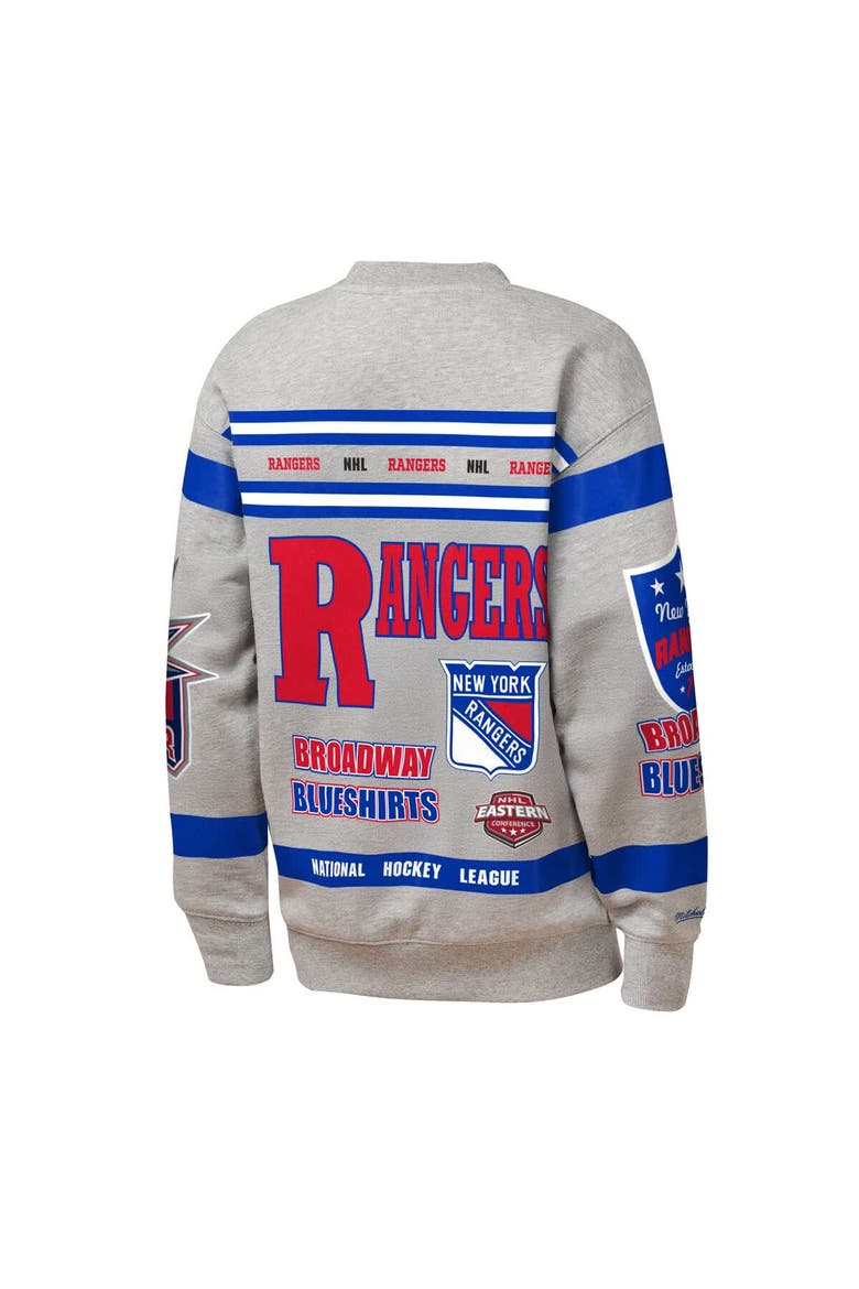 Youth Mitchell & Ness Heather Gray New York Rangers Allover Print Fleece Crewneck Sweatshirt, Alternate, color, Heather Gray