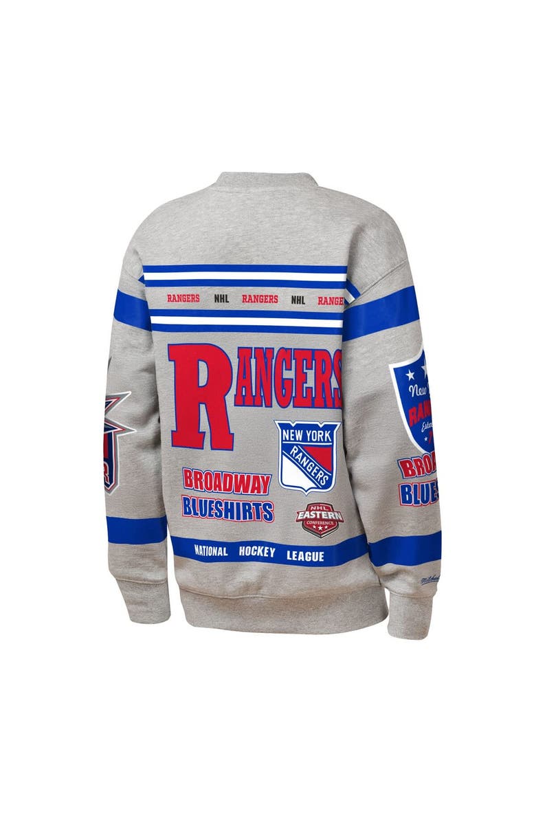 Mitchell & Ness Youth Mitchell & Ness Heather Gray New York Rangers Allover Print Fleece Crewneck Sweatshirt, Alternate, color, Heather Gray