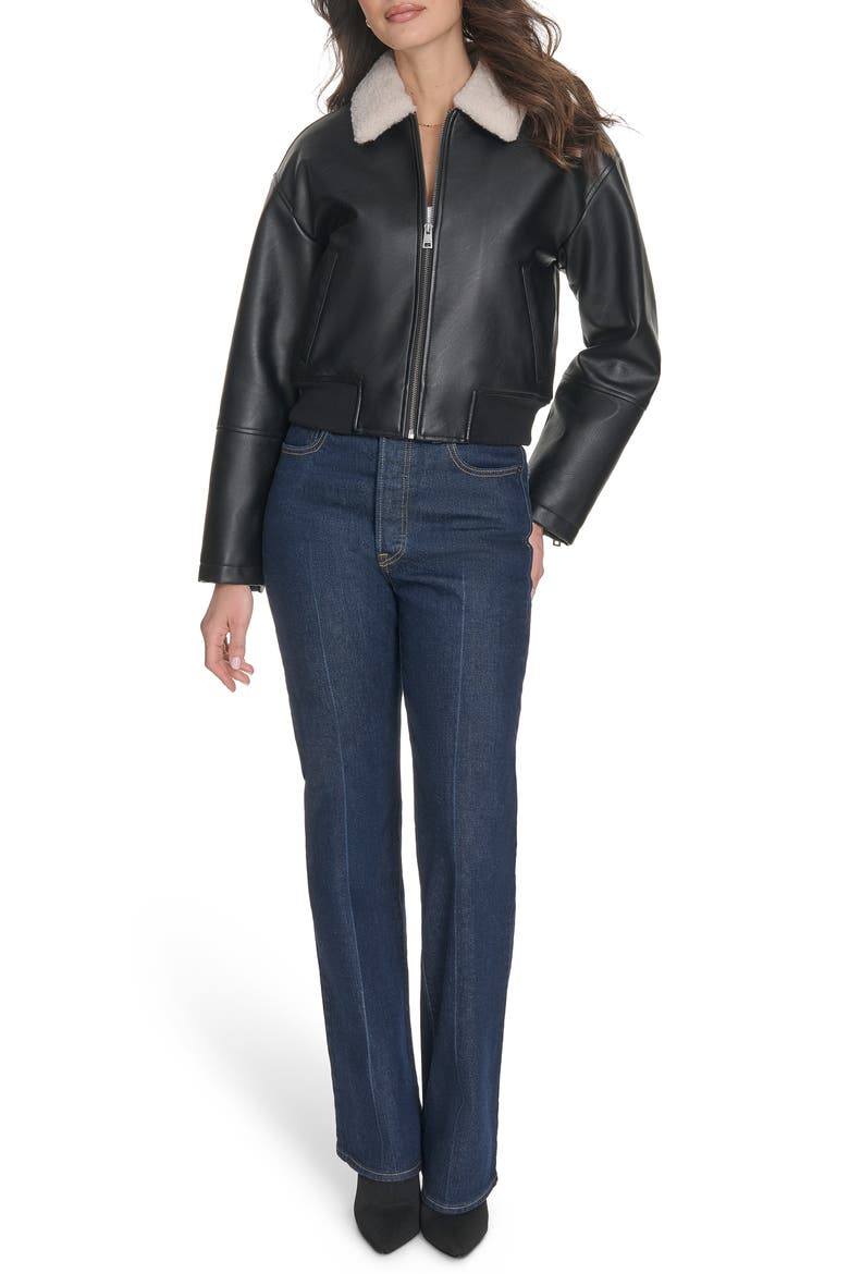 Faux Leather Bomber Jacket with Faux Shearling Collar, Alternate, color, BLACK