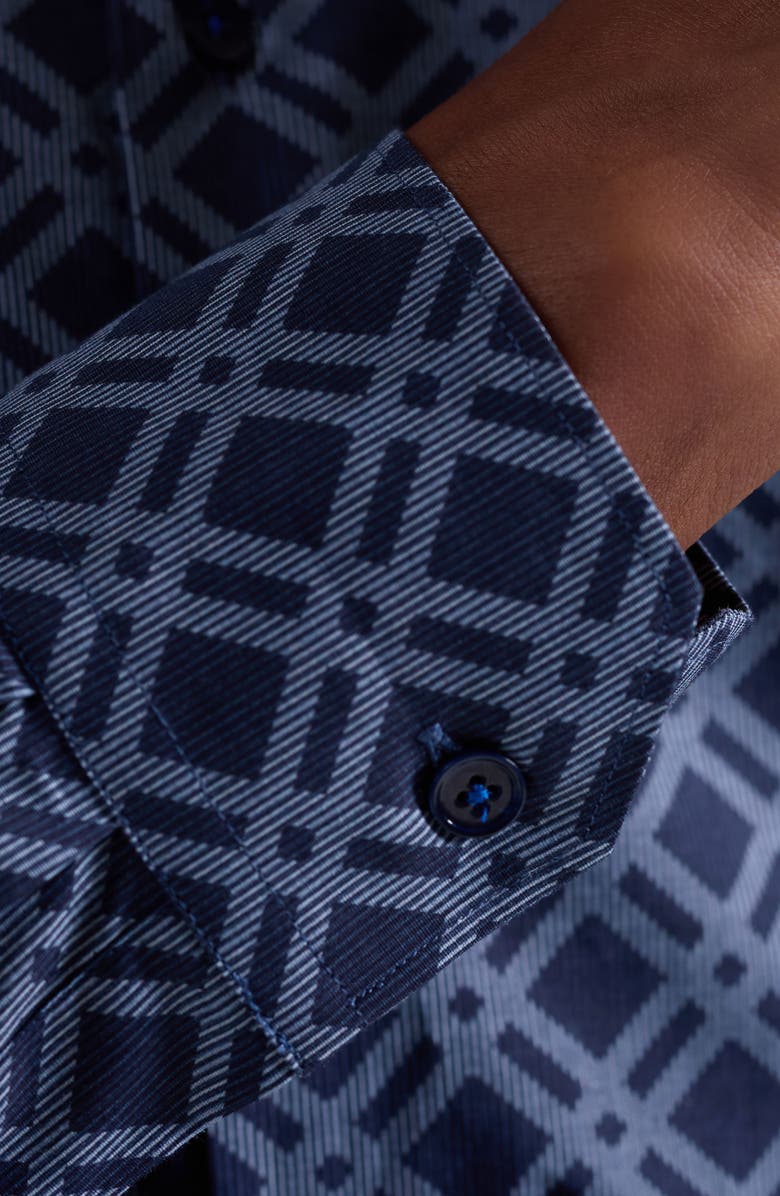 Bugatchi Axel Trim Fit Geo Print Stretch Cotton Button-Up Shirt, Alternate, color, Navy