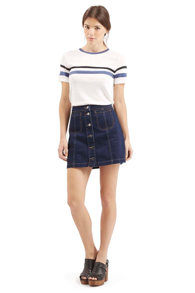 Button Front Denim Miniskirt, Alternate, color, MID DENIM