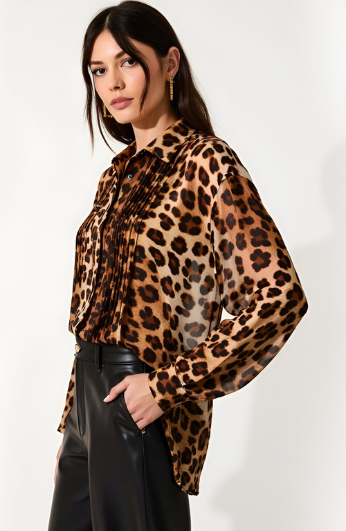 Modenaire Leopard Print Button-up Blouse With Pleated Front And Classic Point Collar In Brown