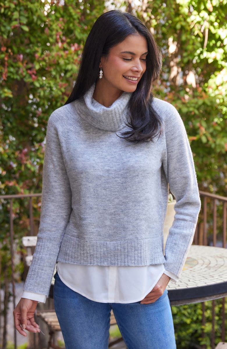 Karen Kane Mixed Media Layered Turtleneck Sweater, Alternate, color, Light Heather Grey