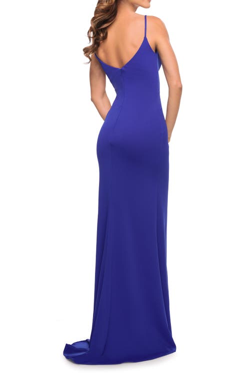 La Femme Net Jersey Ruched Prom Dress With Illusion Bodice In Royal Blue