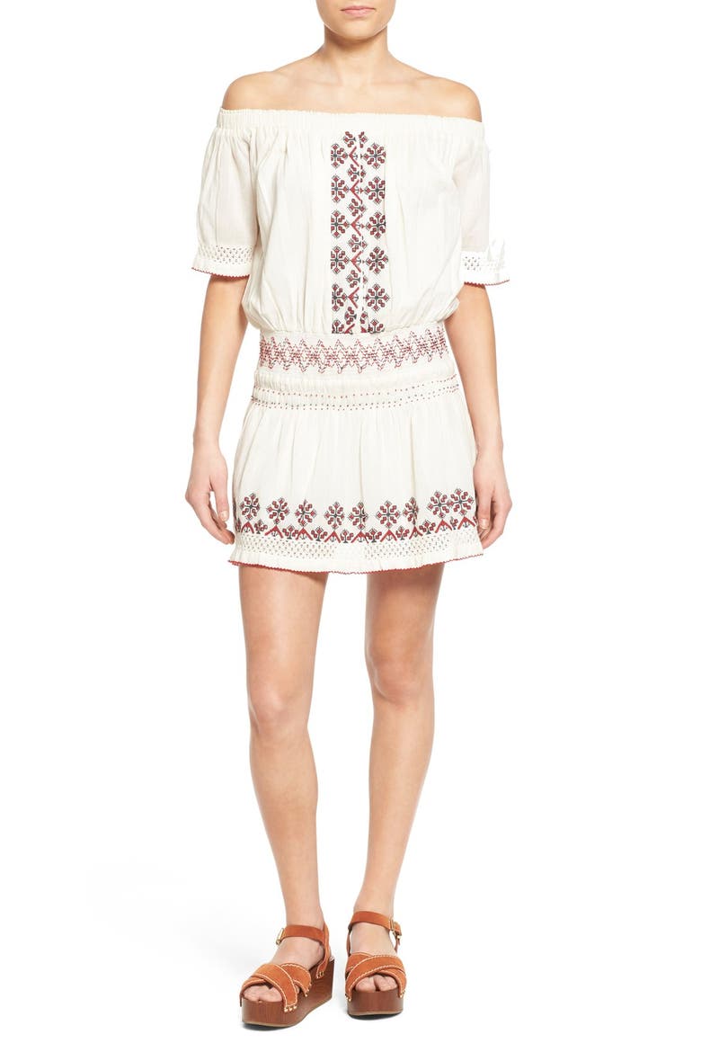 'Marietta' Embroidered Off the Shoulder Dress, Main, color, IVORY
