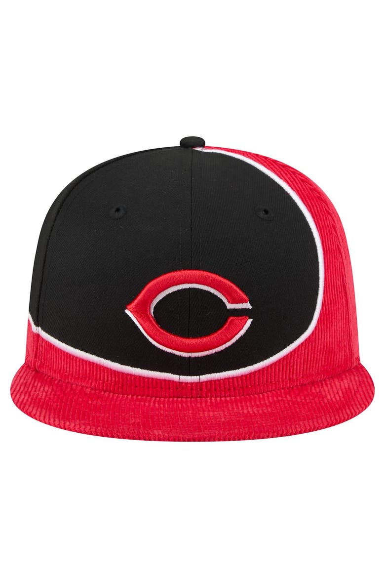Men's New Era Red/Black Cincinnati Reds Retro Split Corduroy Snapback Hat, Alternate, color, Red