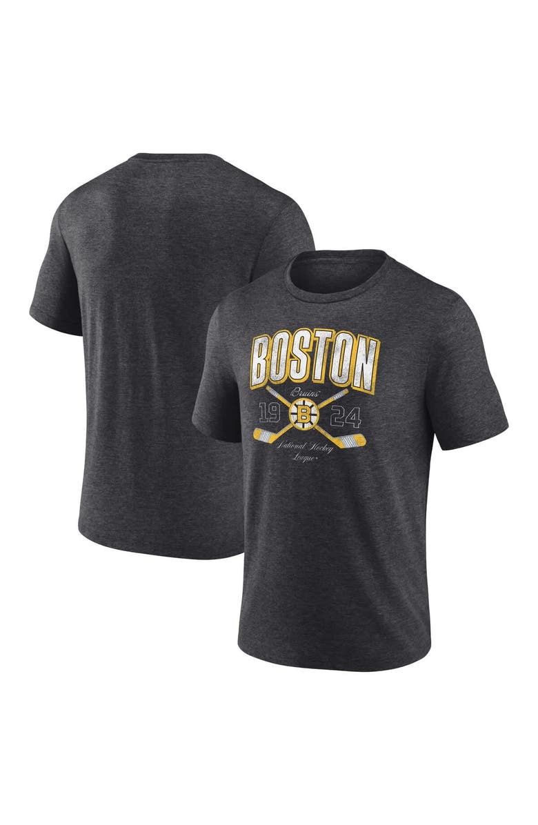 FANATICS Men's Fanatics Heather Charcoal Boston Bruins Vintage Cross Sticks Distressed Tri-Blend T-Shirt, Main, color, 