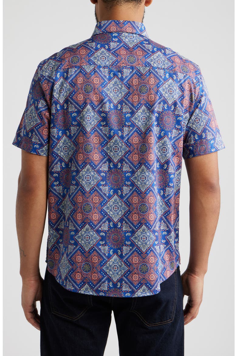 Logan Geo Print Short Sleeve Cotton Blend Button-Up Shirt, Alternate, color, NAVY / RED BANDANA