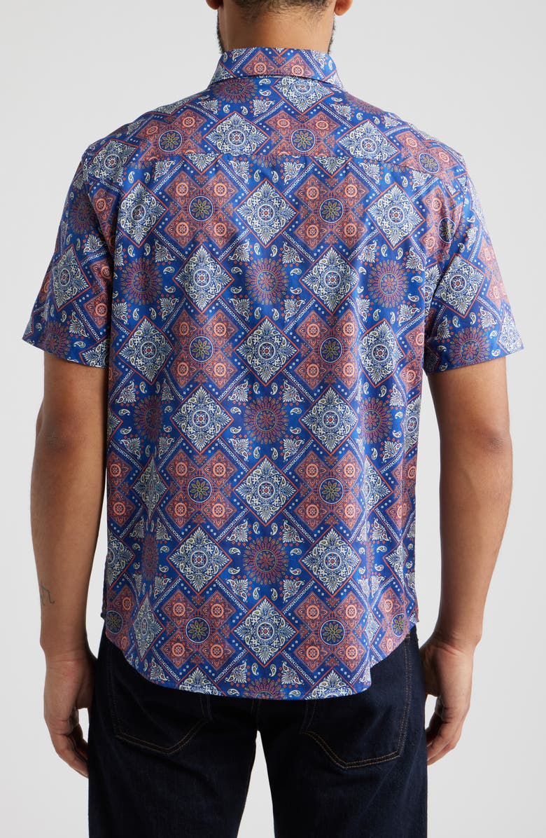Johnston & Murphy Logan Geo Print Short Sleeve Cotton Blend Button-Up Shirt, Alternate, color, Navy / Red Bandana