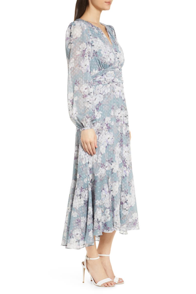 Floral Long Sleeve High/Low Midi Dress, Alternate, color, TEAL PRINT