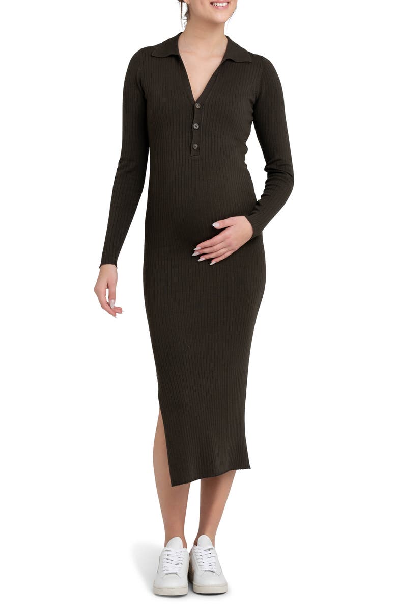 Ripe Maternity Sammy Rib Long Sleeve Maternity/Nursing Polo Dress, Main, color, Ivy