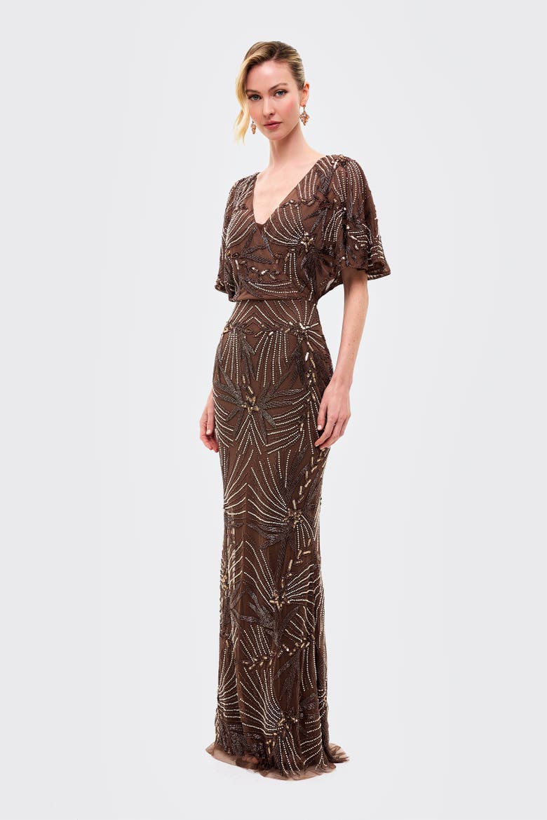Embellished Sequin Fitted Gown, Alternate, color, CHOCOLATE