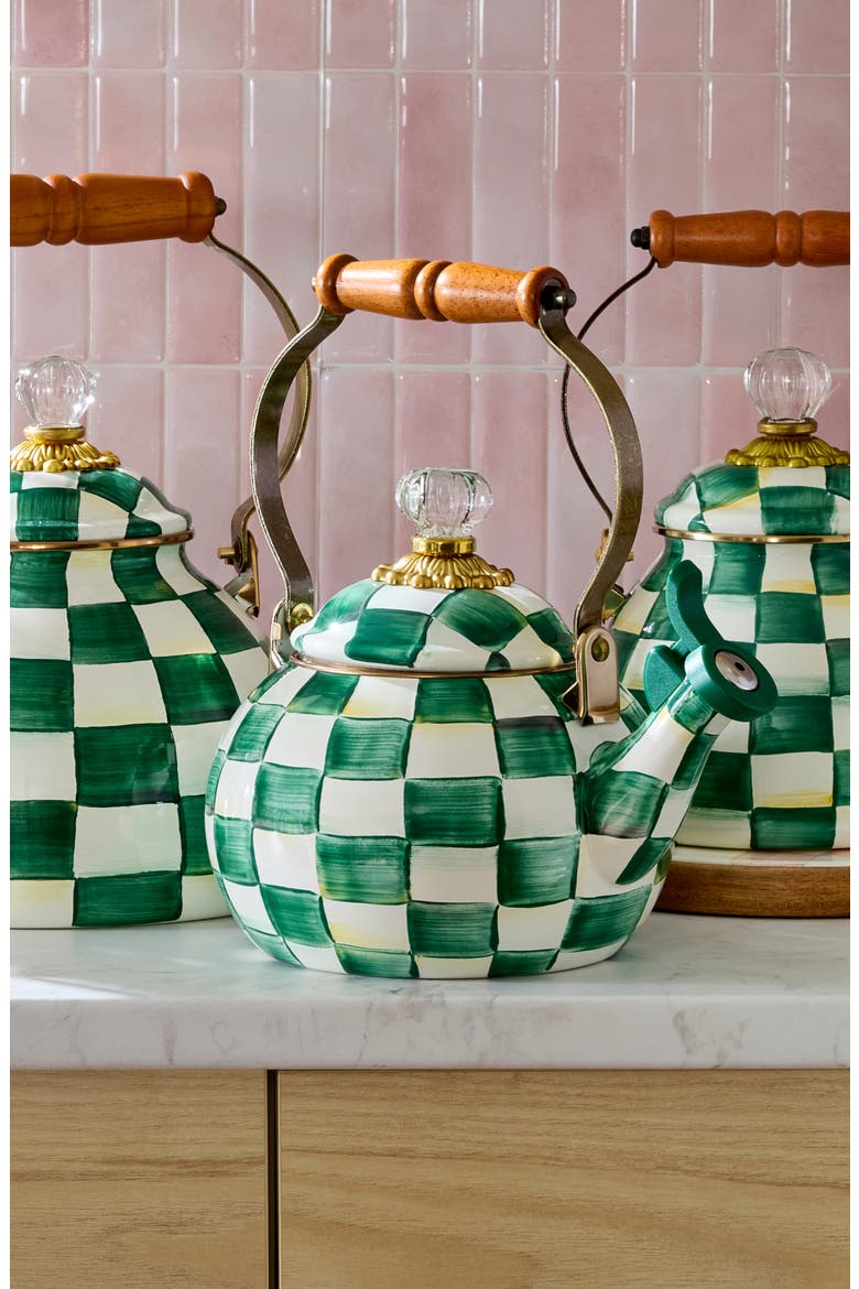 Emerald Check Enameled Steel 2-Quart Whistling Tea Kettle, Alternate, color, EMERALD