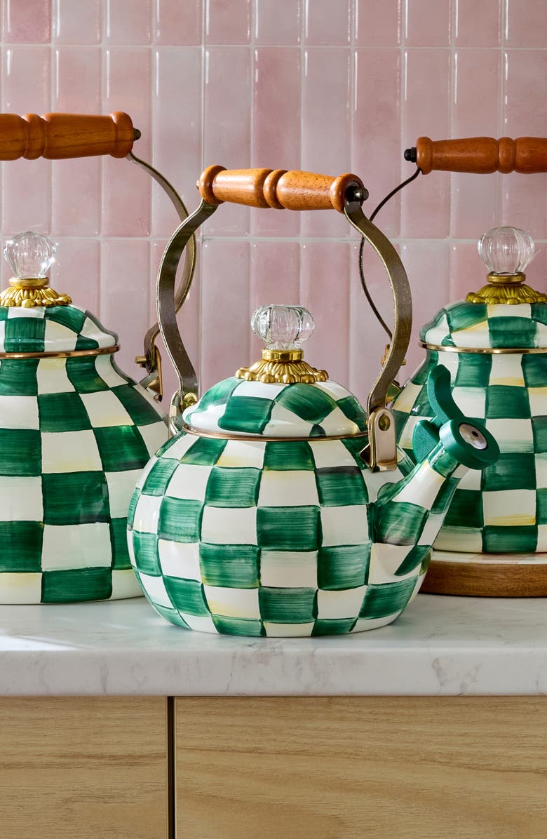 MACKENZIE CHILDS Emerald Check Enameled Steel 2-Quart Whistling Tea Kettle, Alternate, color, Emerald