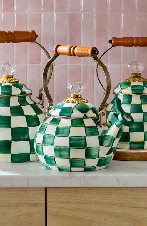 Mackenzie-childs Mackenzie Childs Emerald Check Enameled Steel 2-quart Whistling Tea Kettle In Green