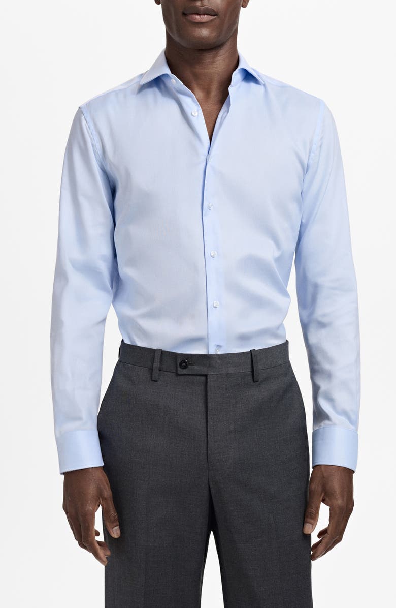 MANGO Slim Fit Structured Cotton Button-Up Shirt, Main, color, Sky Blue