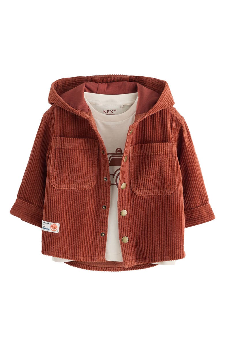 NEXT Kids' Hooded Corduroy Shacket & Graphic T-Shirt Set, Main, color, Brown