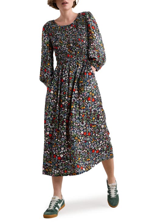 Meadowsweet Floral Smocked Long Sleeve Midi Dress (Petite)
