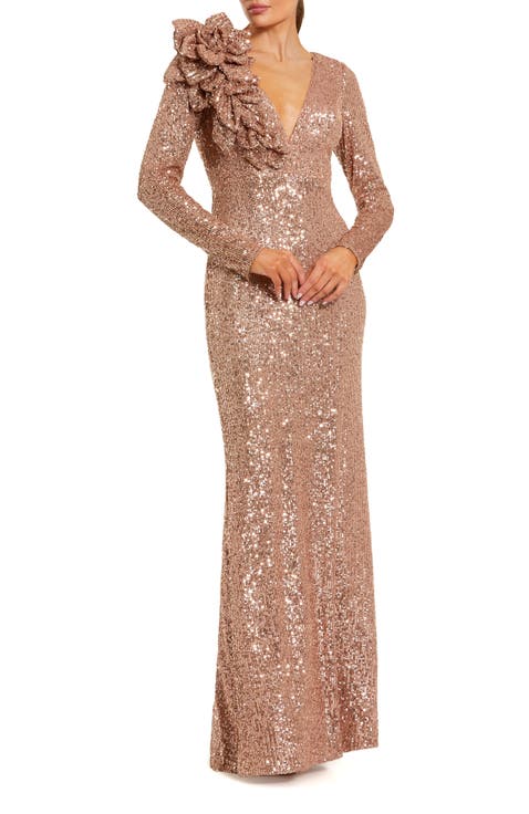 V-Neck Long Sleeve 3D Floral Sequin Gown
