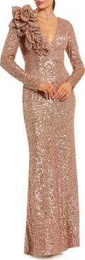 Mac Duggal V-Neck Long Sleeve 3D Floral Sequin Gown