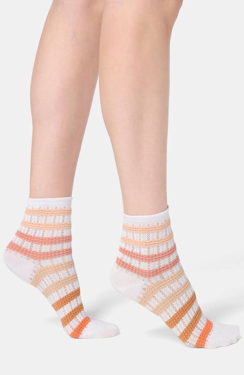 Stripe Cotton Blend Pointelle Quarter Socks