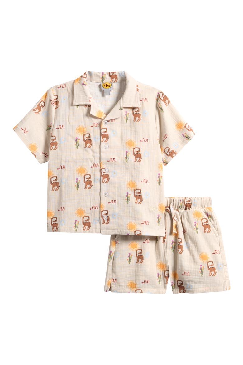 Kids' Print Cotton Muslin Camp Shirt & Drawstring Shorts Set, Main, color, BEIGE