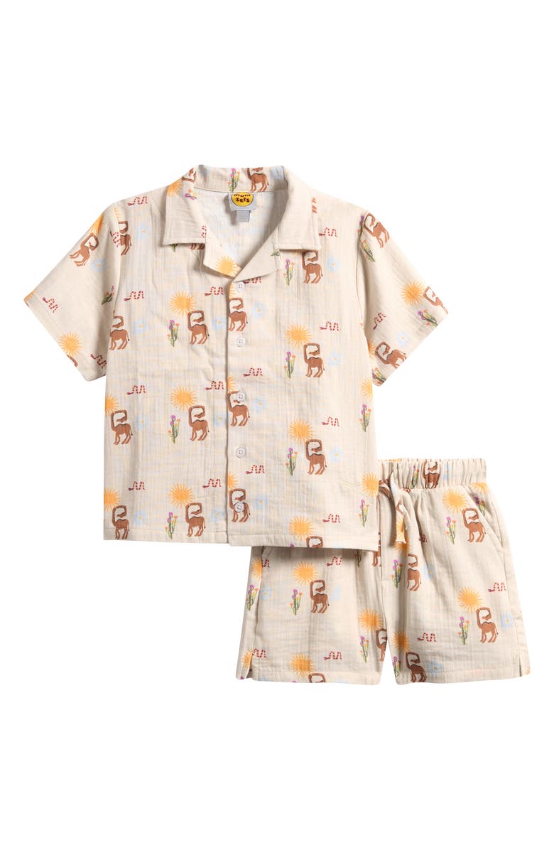 MUMZERS Kids' Print Cotton Muslin Camp Shirt & Drawstring Shorts Set, Main, color, Beige