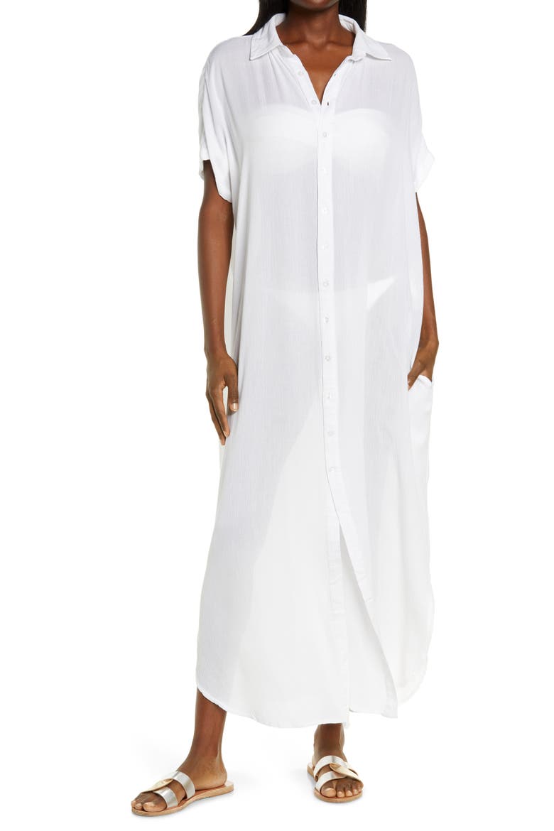 Button-Down Maxi Cover-Up Dress, Main, color, WHITE