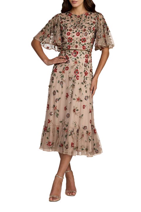 Women's Floral Embellished Flutter Sleeve Midi Dress
