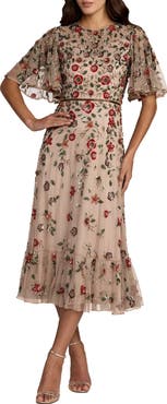 Mac Duggal Women's Floral Embellished Flutter Sleeve Midi Dress