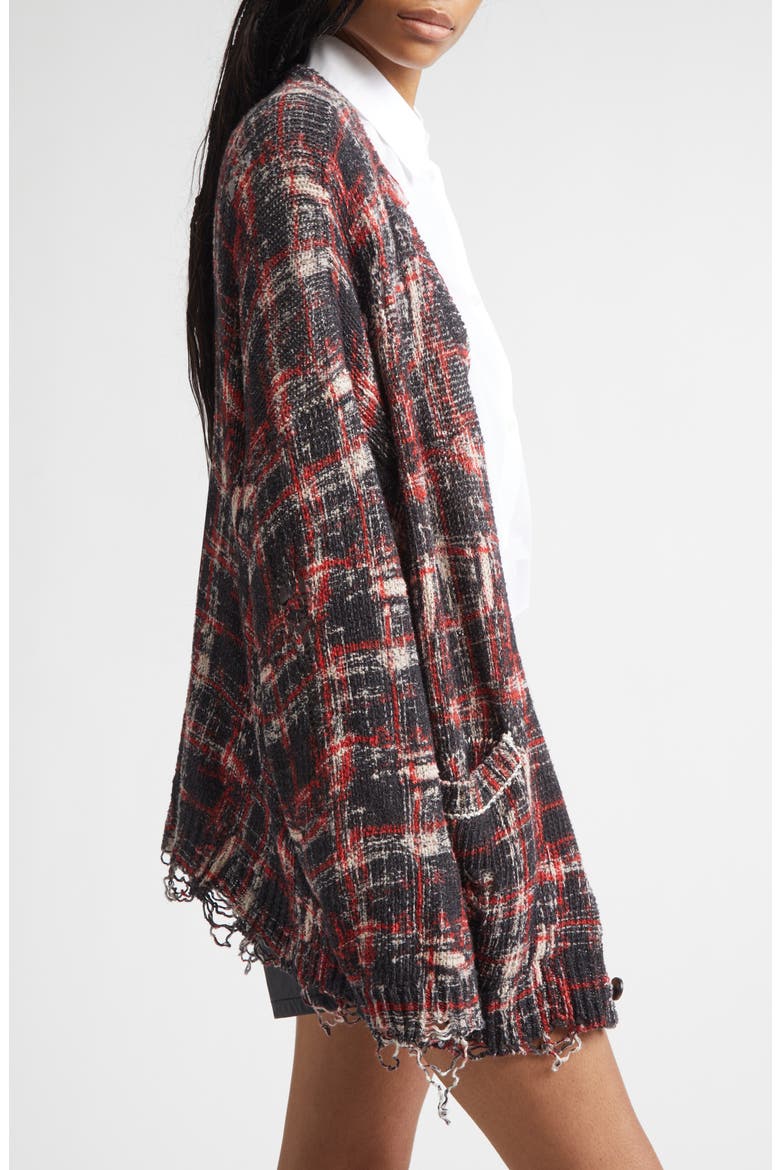 Oversize Distressed Plaid Linen Blend Cardigan, Alternate, color, BLACK/ RED/ WHITE PLAID