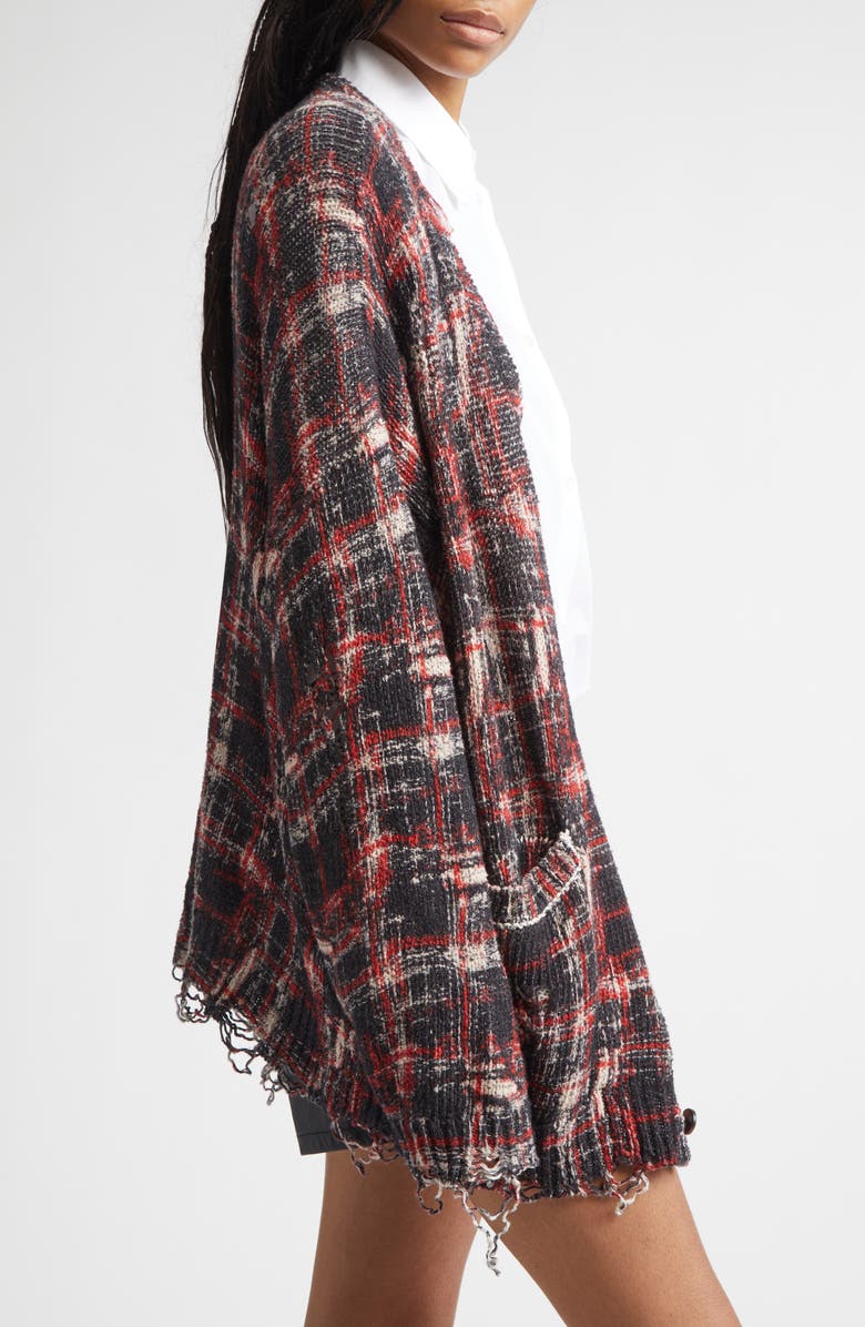 R13 Oversize Distressed Plaid Linen Blend Cardigan, Alternate, color, Black/ Red/ White Plaid