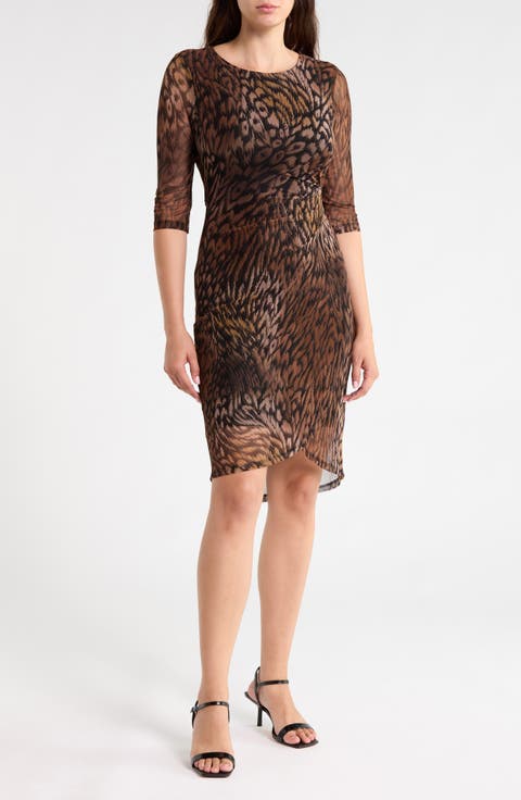 Three-Quarter Sleeve Mesh Faux Wrap Dress