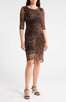 Three-Quarter Sleeve Mesh Faux Wrap Dress