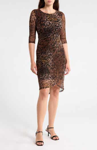 Three-Quarter Sleeve Mesh Faux Wrap Dress