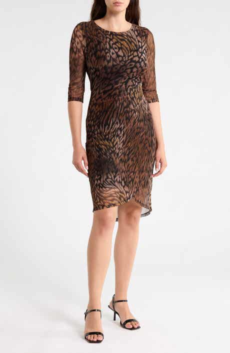 Three-Quarter Sleeve Mesh Faux Wrap Dress