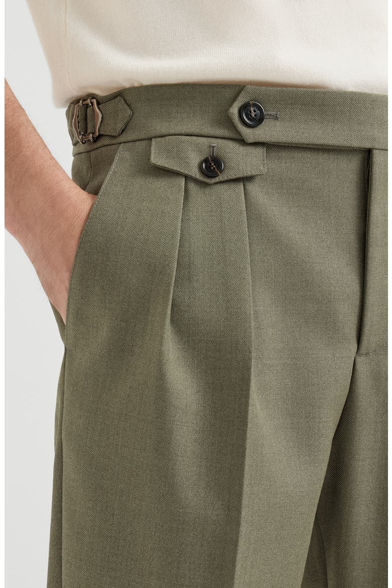 Virgin wool diagonal trousers with reversed double pleats and waist tabs, Alternate, color, Military